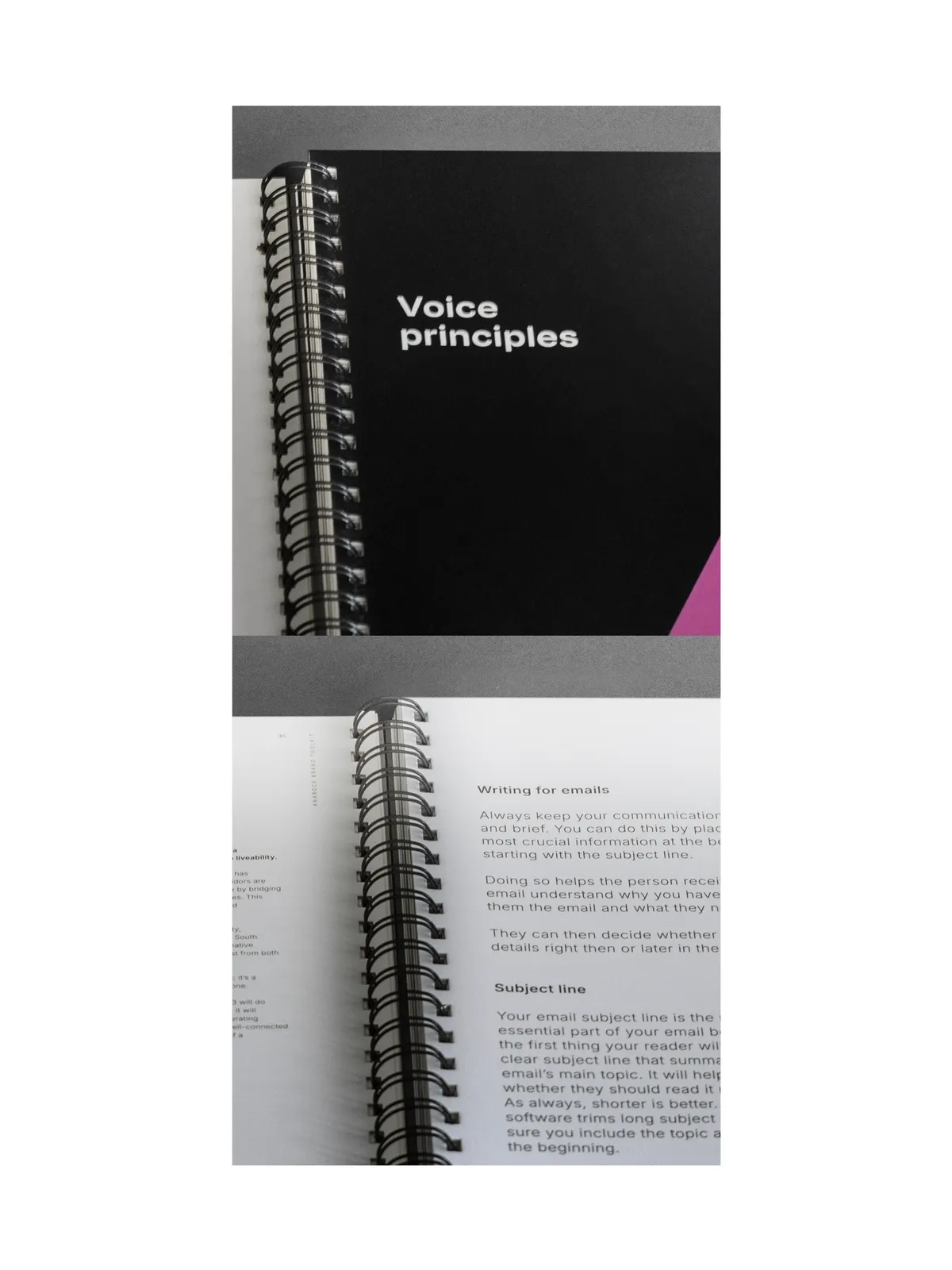 Anarock brand book pages titled 'Voice principles' and 'Writing for emails'