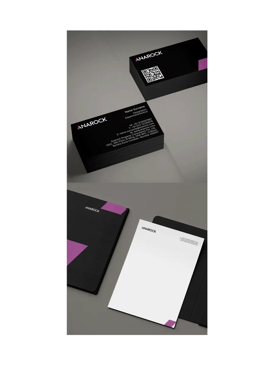 Animated mockup cycling through Anarock business cards, notebook and letterhead stationery