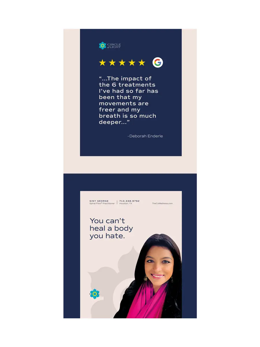 Animated mockup cycling through a five-star Google review testimonial and a Circle of Light poster reading 'You can't heal a body you hate'